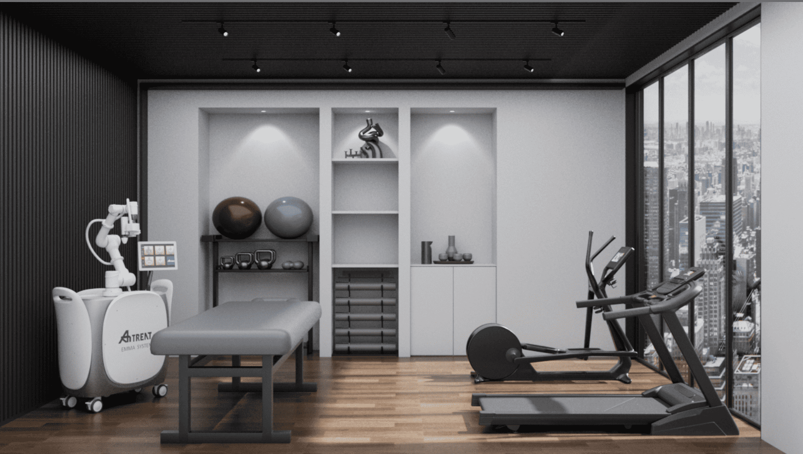 Modern rehabilitation and fitness room featuring the AiTreat EMMA System robotic massage device, gym equipment, and panoramic city view through floor-to-ceiling windows